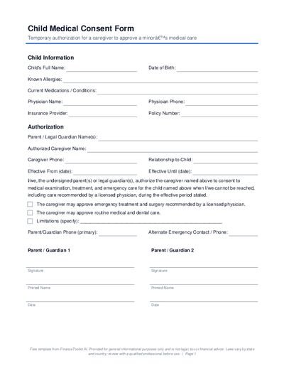 Child Medical Consent Form preview