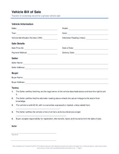 Vehicle Bill of Sale preview